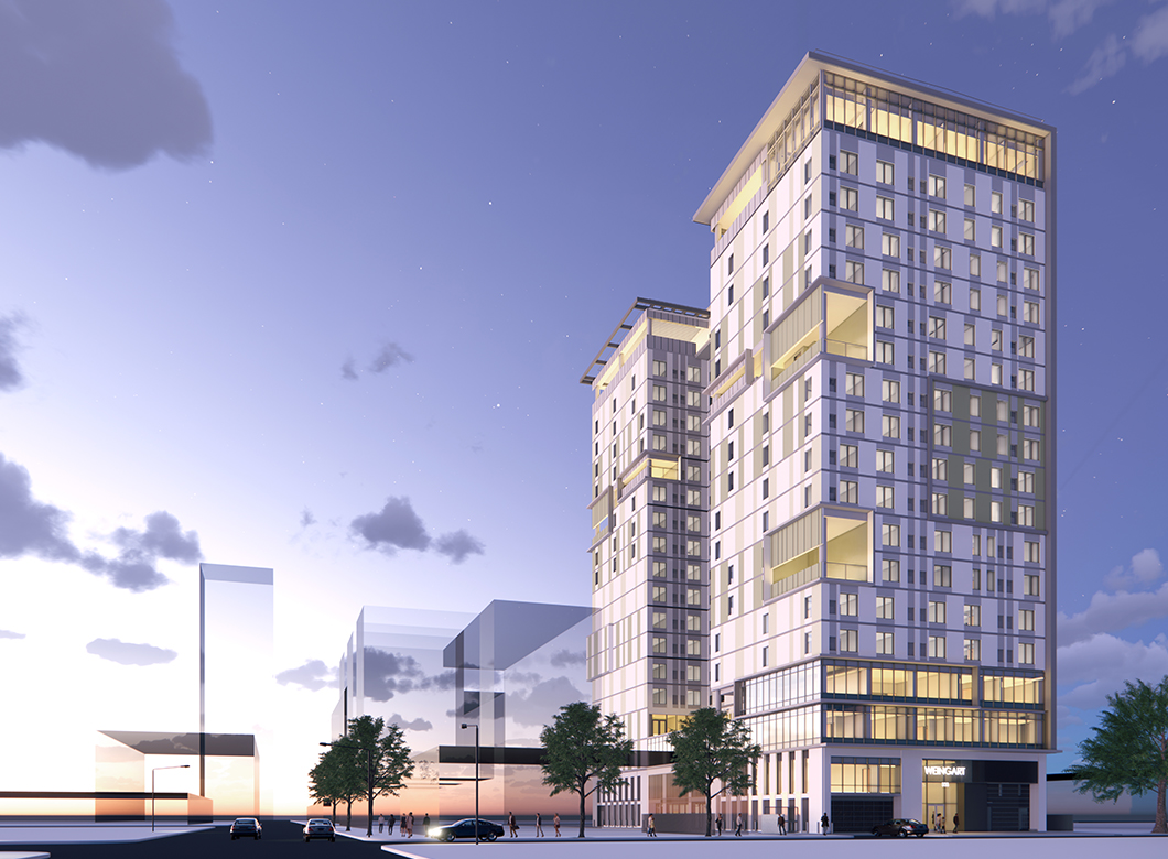 A wide-angle rendering of Weingart Tower, an affordable housing project designed by affordable housing architect AXIS