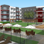 A rendering of the courtyard of the multi-family residential architecture project, Vibe Apartments on Dutton Avenue, by AXIS/GFA