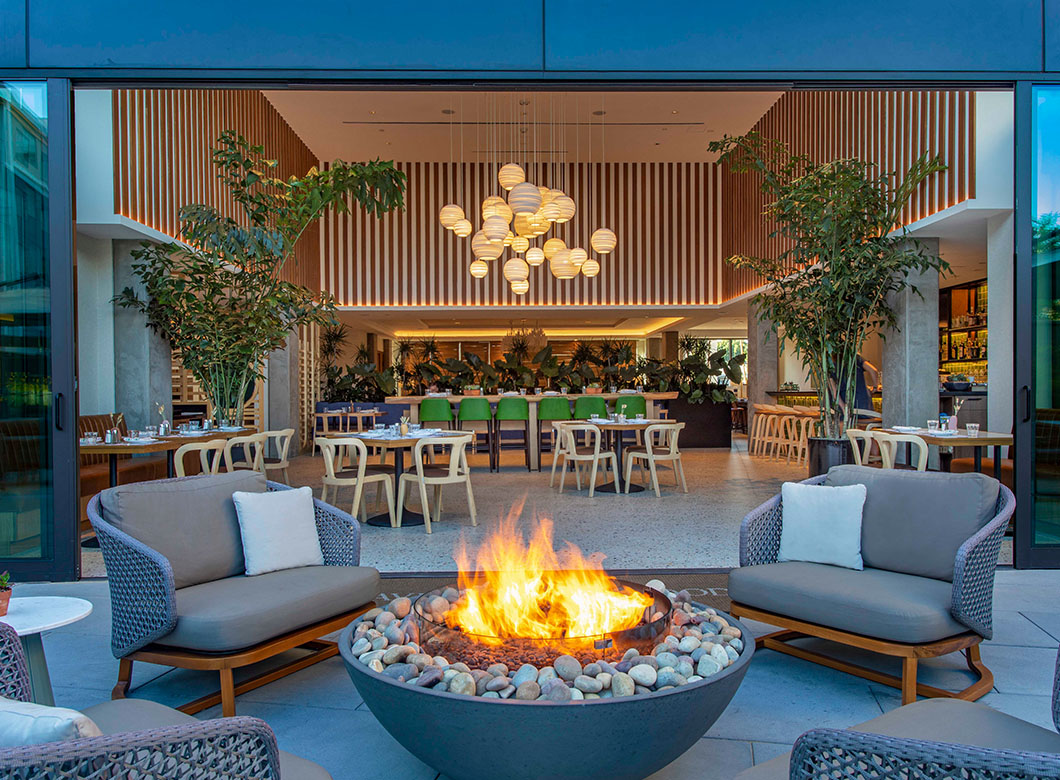 A view of the Hotel Citrine's patio outdoor lounge, designed by California architect AXIS