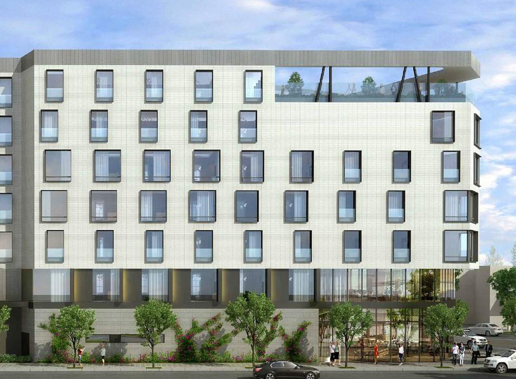 A side view rendering of the North Hollywood Hotel, a Los Angeles hotel designed by AXIS/GFA Architecture + Design
