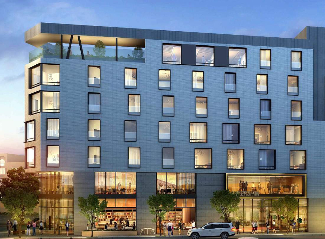 A street-view rendering of the North Hollywood hotel in Los Angles' Lankershim neighborhood, designed by AXIS/GFA