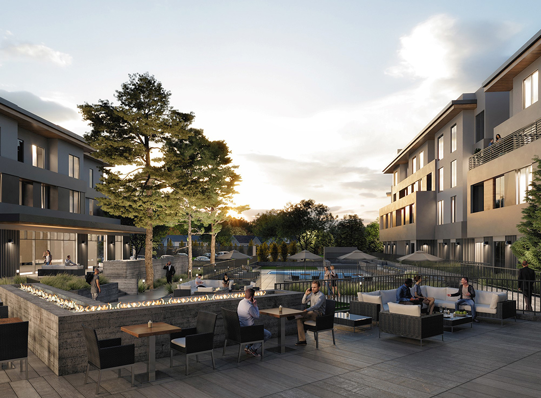 A rendering of the pool deck and courtyard of the Residence Inn Corte Madera, a new-build hotel designed by San Francisco Architect AXIS