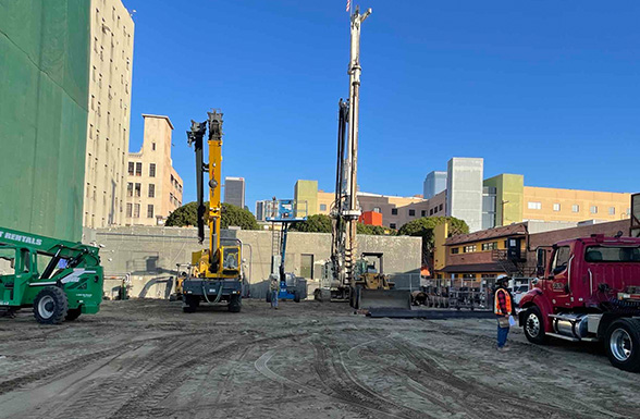 Construction on the Weingart Tower, a Los Angeles affordable housing project by Los Angeles affordable housing architect AXIS