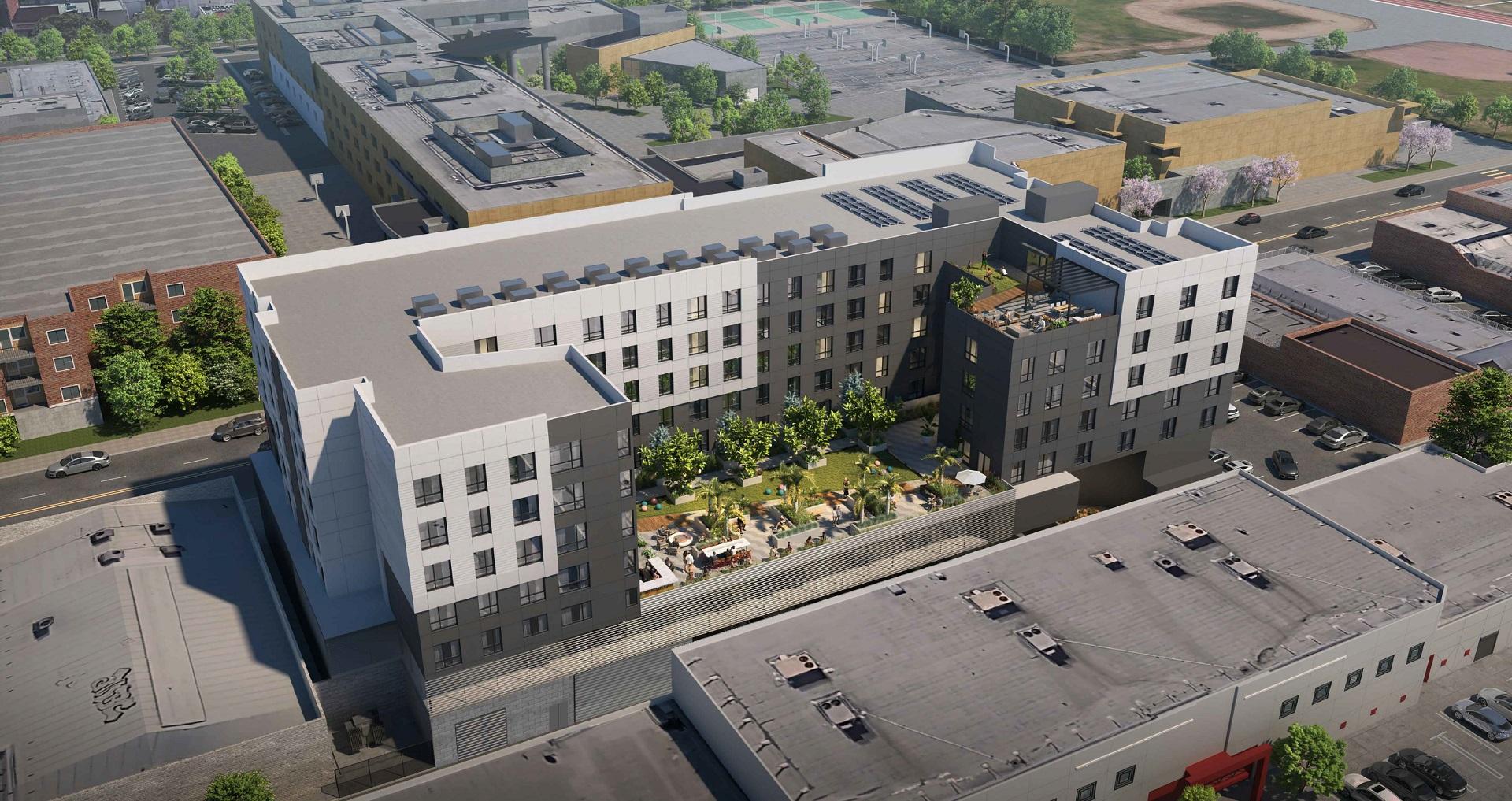 An aerial view of the rear of the new South Central Los Angeles multi-family residential project designed by Los Angeles multi-family residential architect AXIS