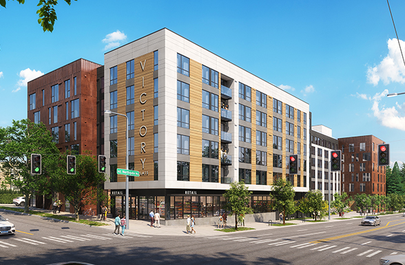 AXIS/GFA's Seattle architect studio designs the Victory Northgate affordable housing project; a rendering of the view from the street