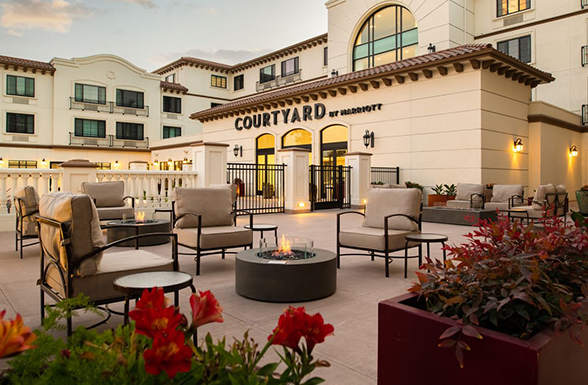 The courtyard of the stunning Courtyard Santa Cruz, a California hotel design by California hotel architect AXIS/GFA Architecture + Design