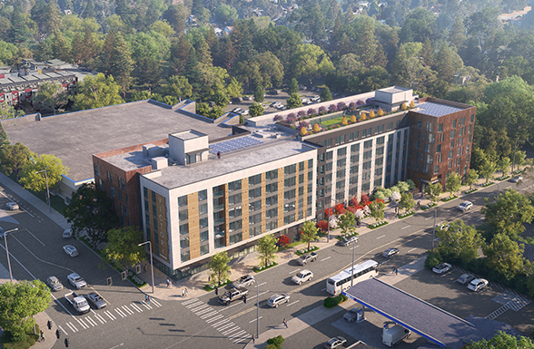 An aerial rendering of the Victory Northgate, an affordable housing project designed by Seattle architects AXIS/GFA Architecture + Design