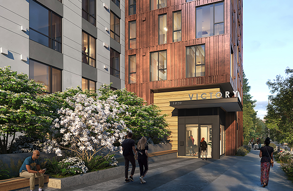 A rendering of the entrance of the Victory Northgate, a Seattle affordable housing development by Seattle architect AXIS/GFA