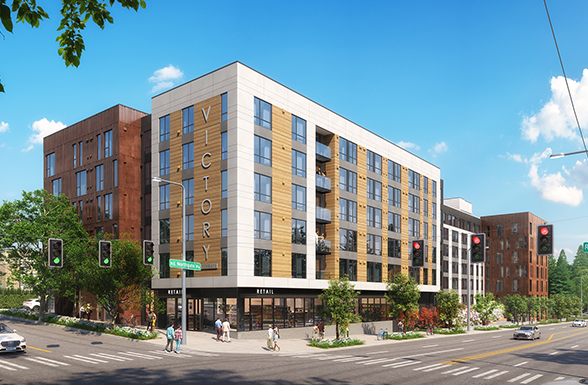 A rendering of the street view of the Victory Northgate project, a Seattle affordable housing project by Seattle affordable housing architect AXIS/GFA