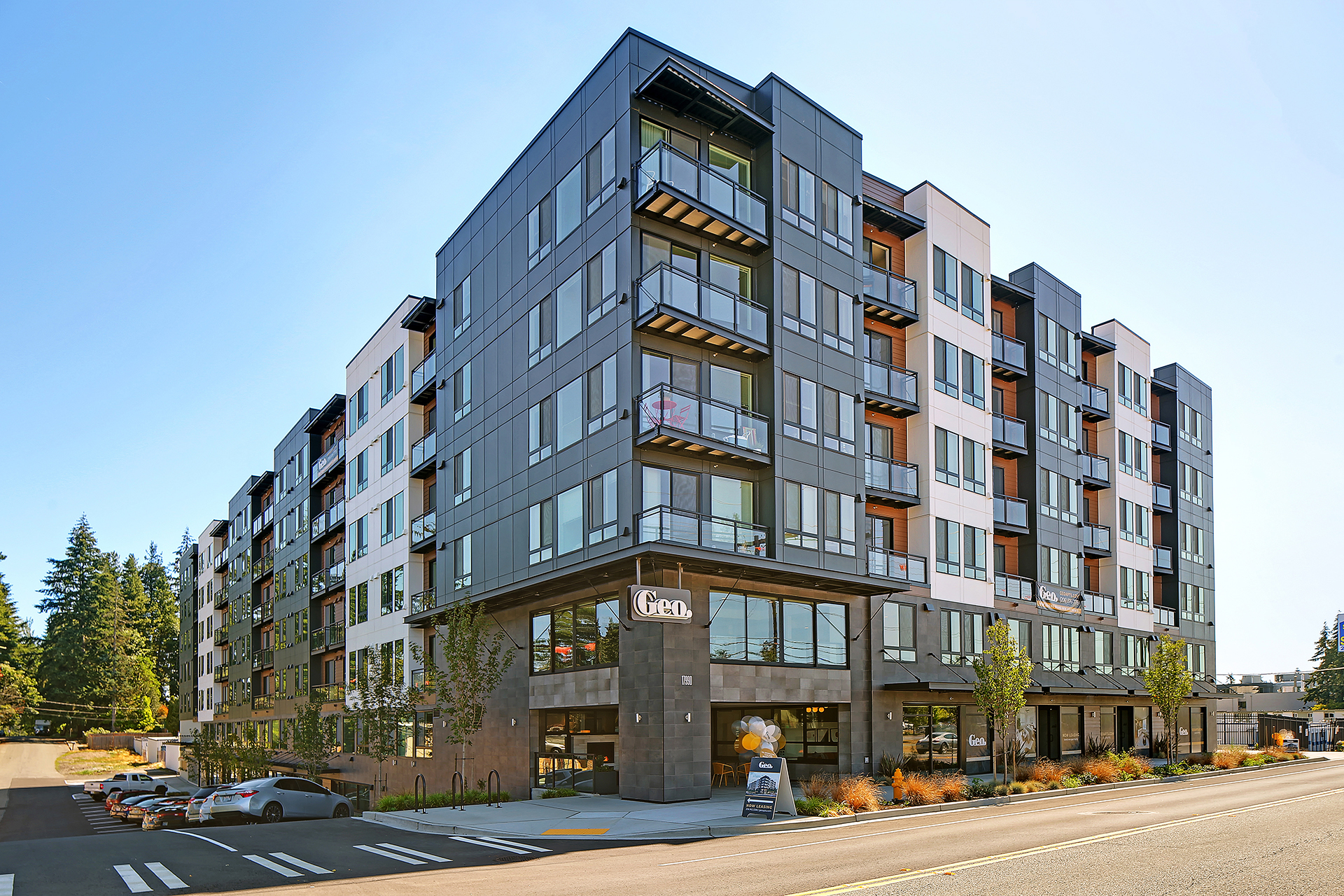 The King County multi-family residential development GEO Apartments, designed by Seattle apartment architect AXIS