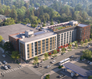 The aerial view of Victory Northgate, designed by AXIS/GFA, Seattle affordable housing architects