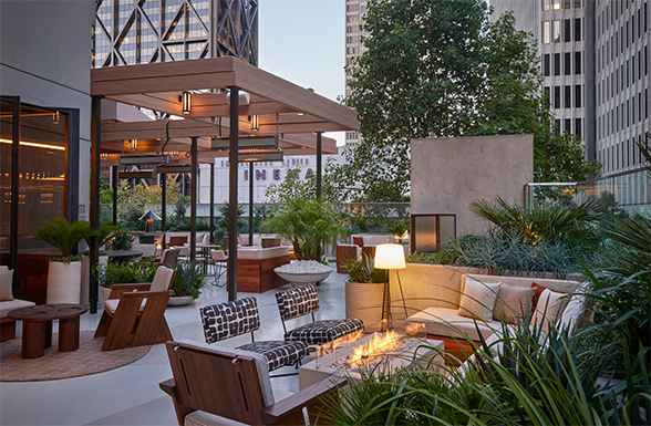 The exterior patio of The Jay Hotel, designed by San Francisco hotel architects AXIS/GFA