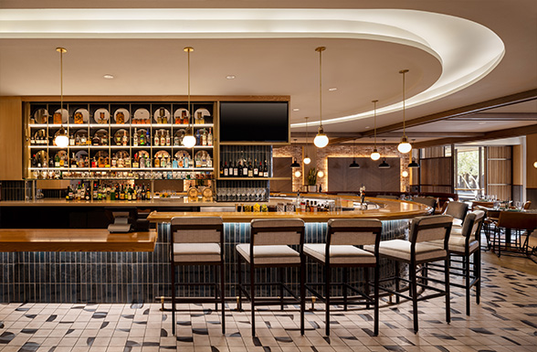 The reception bar of the HD Award nominated The Napa Valley Marriott Hotel & Spa, a hotel renovation by San Francisco architects AXIS/GFA